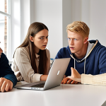 **Image Prompt:** A diverse group of students intensely discussing a case study on a laptop screen in a brightly lit, modern Scandinavian-designed room. Focus on collaboration and engagement.