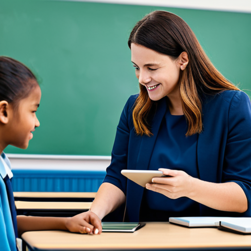 A diverse group of young students, fully clothed in appropriate school attire, individually engaged in personalized learning on their digital tablets in a bright, modern digital classroom. An adult female teacher, dressed in modest professional attire, is gently guiding one student with an encouraging expression. The tablets display adaptive learning interfaces, subtly suggesting AI integration. The background features collaborative learning elements and abstract representations of data-driven insights. safe for work, appropriate content, fully clothed, professional, perfect anatomy, correct proportions, natural pose, well-formed hands, proper finger count, natural body proportions, high quality, professional photography.