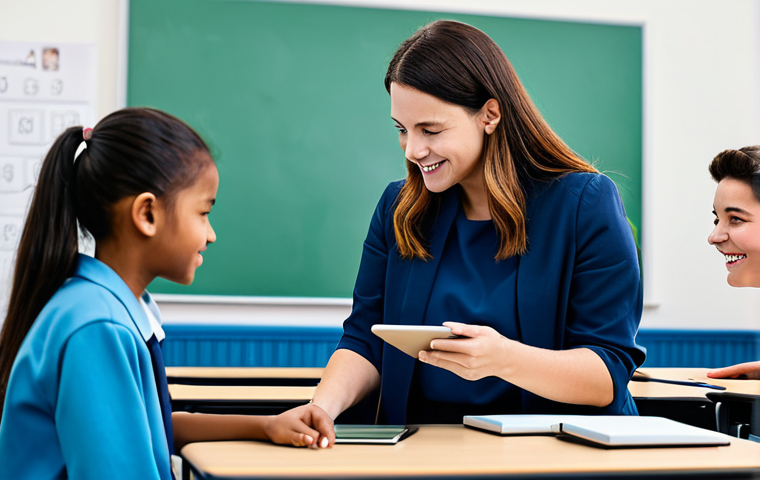 A diverse group of young students, fully clothed in appropriate school attire, individually engaged in personalized learning on their digital tablets in a bright, modern digital classroom. An adult female teacher, dressed in modest professional attire, is gently guiding one student with an encouraging expression. The tablets display adaptive learning interfaces, subtly suggesting AI integration. The background features collaborative learning elements and abstract representations of data-driven insights. safe for work, appropriate content, fully clothed, professional, perfect anatomy, correct proportions, natural pose, well-formed hands, proper finger count, natural body proportions, high quality, professional photography.
