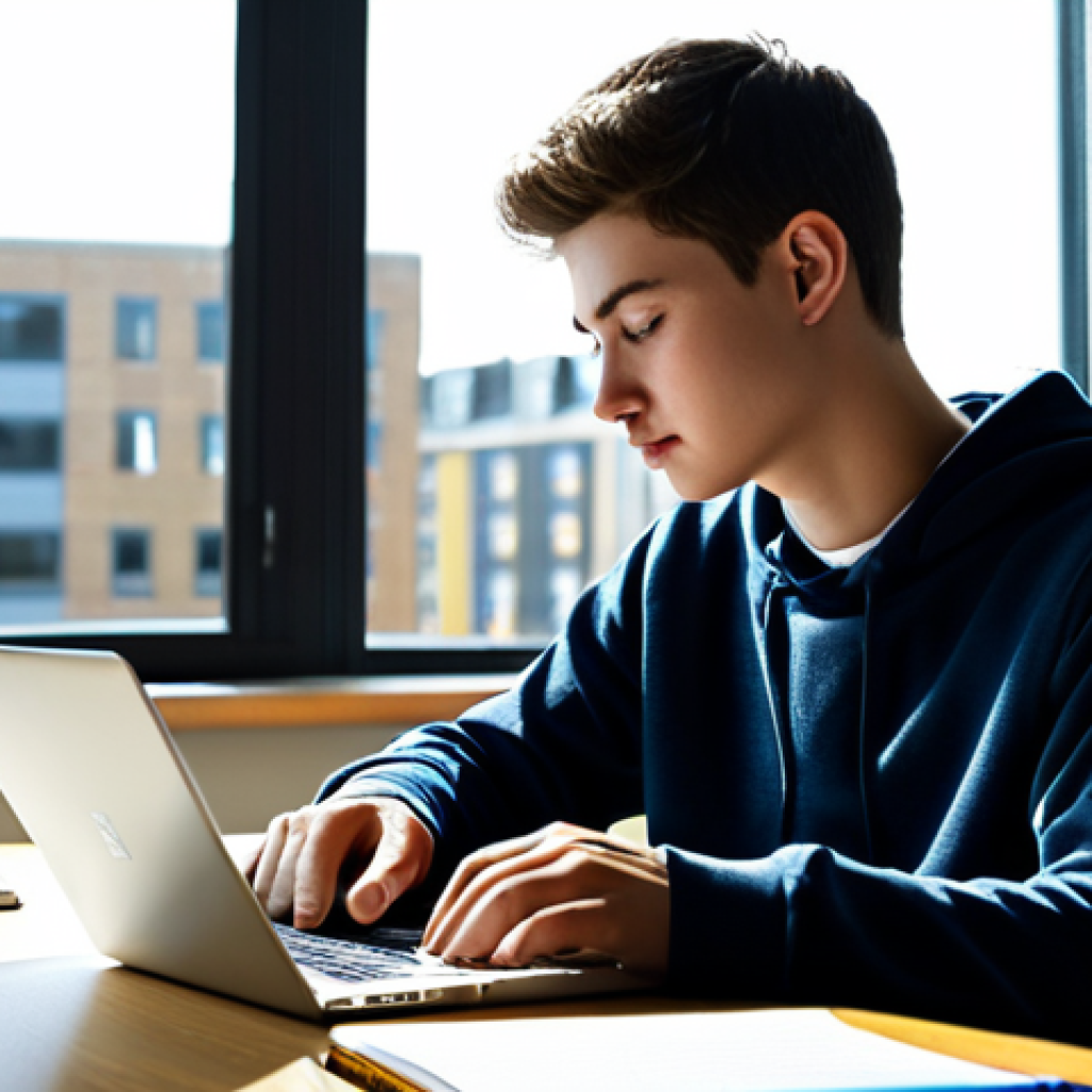 학생의 온라인 학습 목표 설정하기 - Focused Study Session**
A student, fully clothed in comfortable study attire, is sitting at a clean...