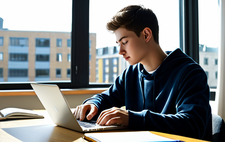 학생의 온라인 학습 목표 설정하기 - Focused Study Session**
A student, fully clothed in comfortable study attire, is sitting at a clean...