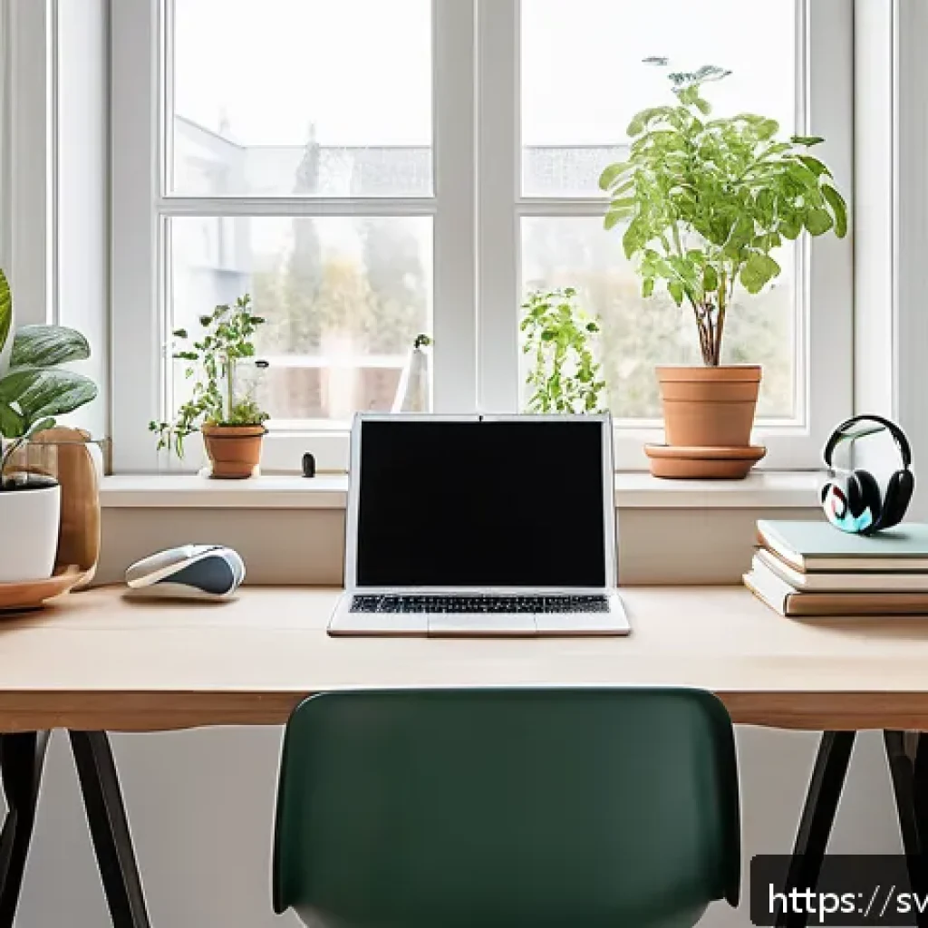효과적인 온라인 학습을 위한 사례 연구 - A modern Scandinavian-style home study setup emphasizing minimalism and focus: a clean desk near a l...