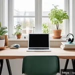 Home 20 효과적인 온라인 학습을 위한 사례 연구 - A modern Scandinavian-style home study setup emphasizing minimalism and focus: a clean desk near a l...